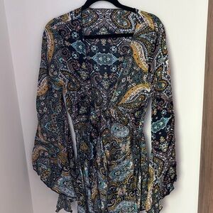 Paisley Print Tie-Waist Romper - Black Multi